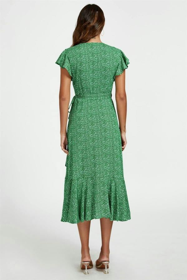 FS Collection Little Floral Frill Sleeve Midi Wrap Dress In Green