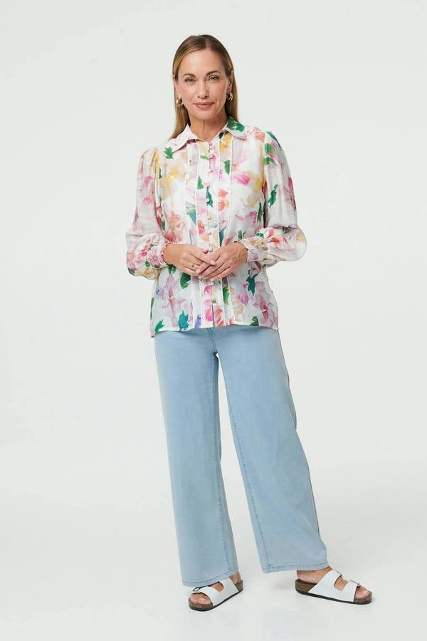 White | Lace Trim Collared Long Sleeve Shirt