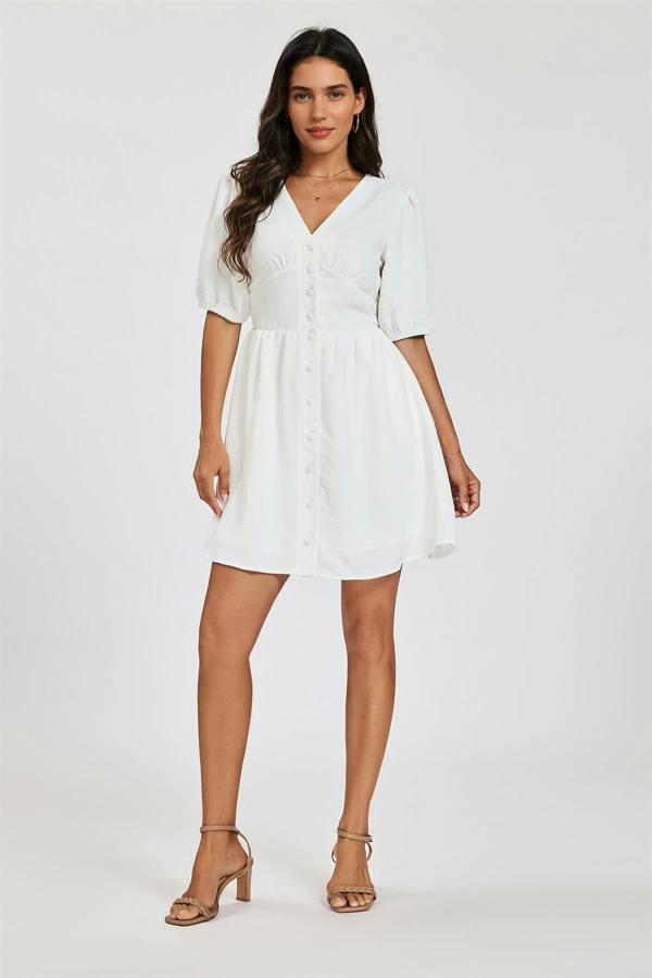 FS Collection Puff Sleeve Button Down Mini Dress In White