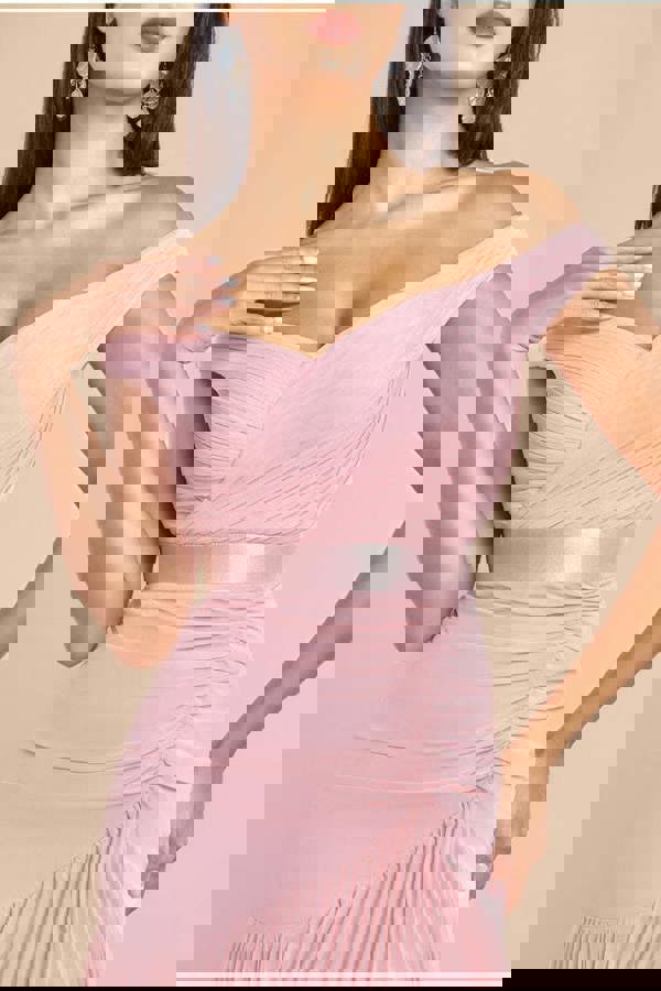 Pleated Bardot High Low Tier Chiffon Midaxi Dress - Blush Pink DR4272