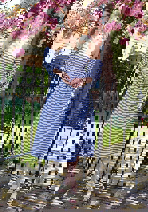 Sara Stripe Bardot Midi Dress In Multi - image 5
