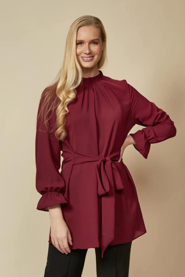 Hoxton Gal Oversized Tie Ruffle Neck with Tie Waist Detailed Top in Burgundy