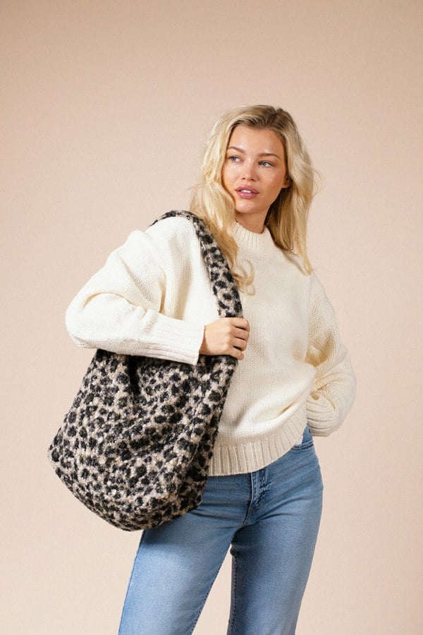 SVNX Borg Hobo Bag In Beige Leopard