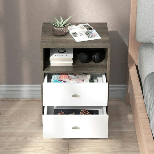 Grey bedside table with open top shelf and two pull-out drawers, front view