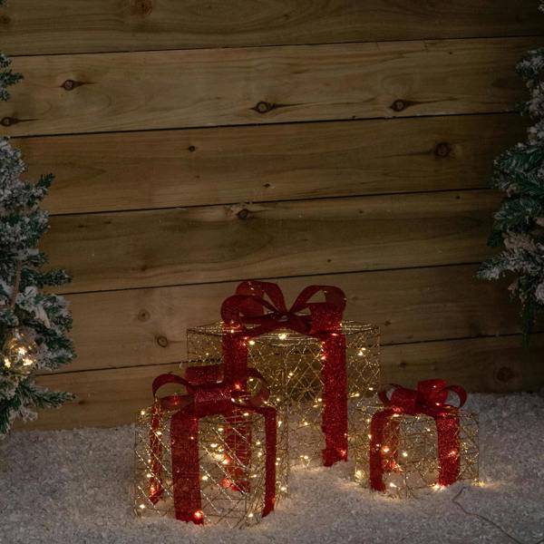 Samuel Alexander Set of 3 Gold Light Up Christmas Parcel Decorations with 90 Warm White LEDs