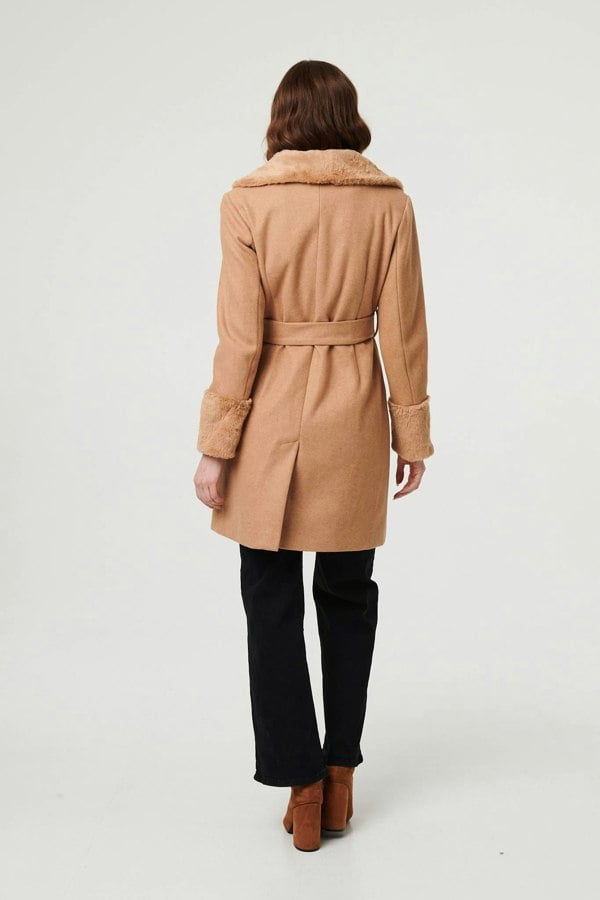 Beige | Faux Fur Trim Tie Waist Longline Coat
