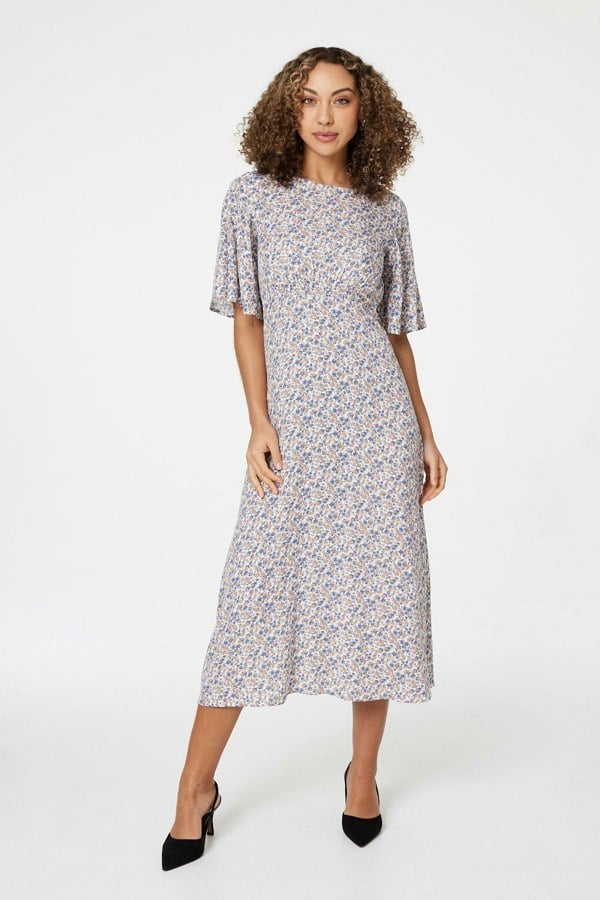 Blue | Floral Angel Sleeved Midi Dress