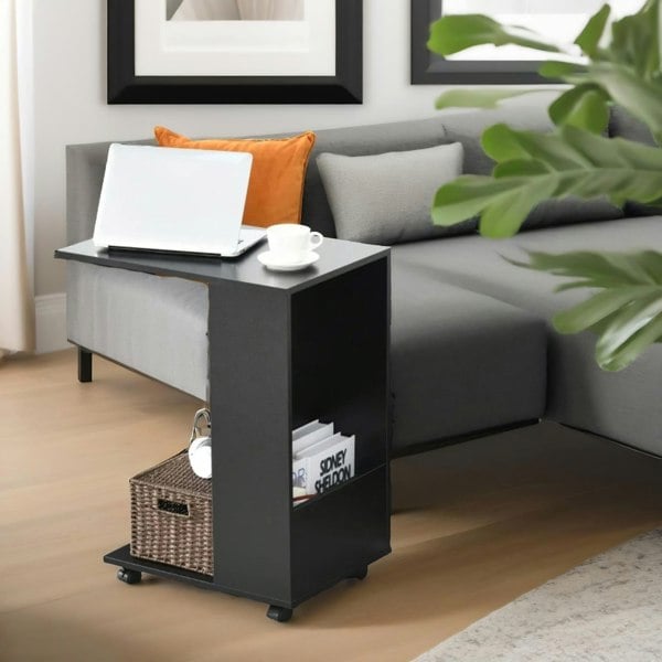 Rafaelo Mobilia Industrial Black C Shaped Side Table With Storage & Wheels