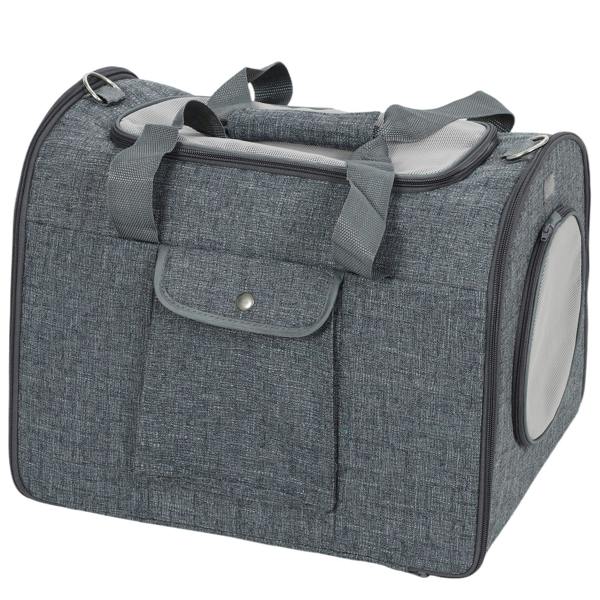 Dark grey soft-sided pet carrier bag with shoulder strap, front pocket, and mesh window