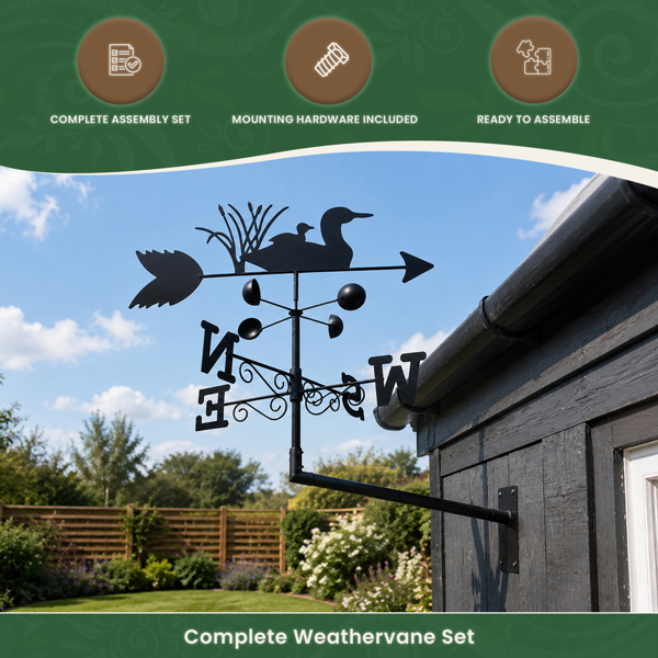 Swimming Ducks Weathervane, All-Steel Black Painted Weather Vane With Wall Fixings and 1.7m Ground Spike, Wind Speed Cups