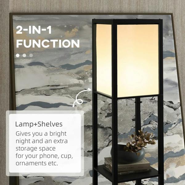 Black floor lamp with dual square shades and built-in shelves for small items