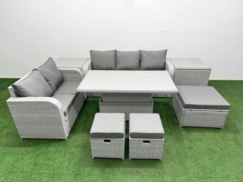 Fimous 8 Seater Patio Furniture Set, PE Rattan Wicker, Adj Height Table, 3 Seater Sofa, Love Sofa, 3 Stools and 2 Side Tables, Light Grey