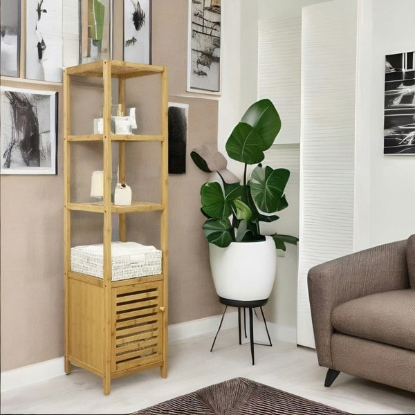 BMBO Tall Bathroom Storage Cupboard With 3 Shelves Natural Brown
