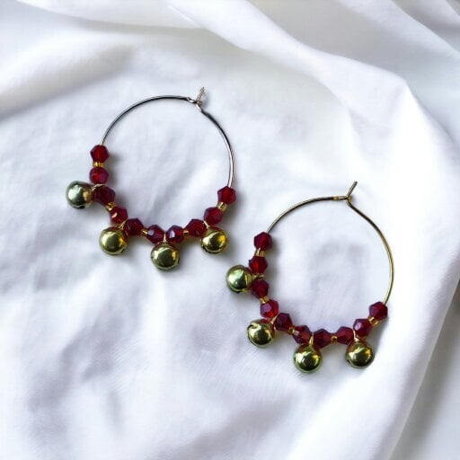 The Colourful Aura Gold Red Ghungroo 30mm Huggie Multicolour Dainty Boho Summer Hoop Bali Earring