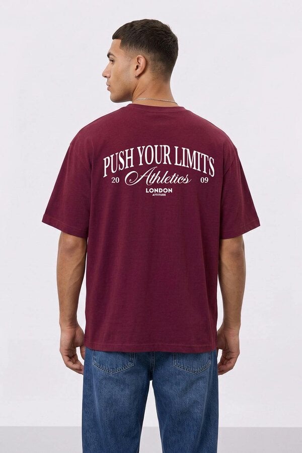London Attitude Push Your Limits Oversized Heavyweight T-Shirt in White Print - Garnet