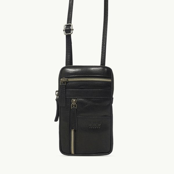 Real Hide Bags 'BROOKE' Black Polished VT Real Leather Mobile Phone Crossbody Bag