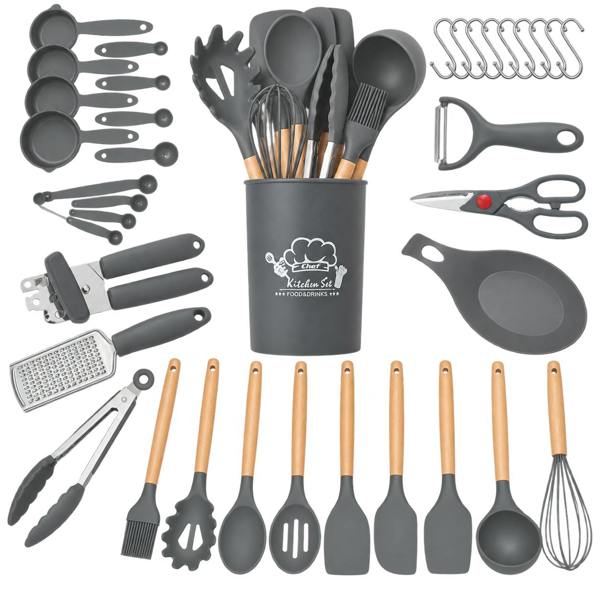 ATEK 35 Piece Silicone Kitchen Utensil Set Wooden Handles Grey with Holder