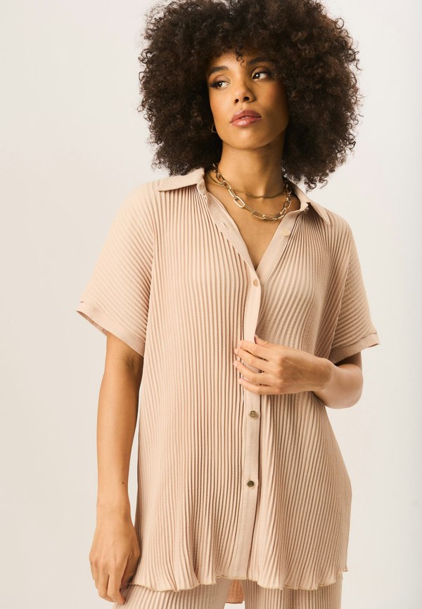 Gini London Beige Plisse Short Sleeve Oversized Shirt