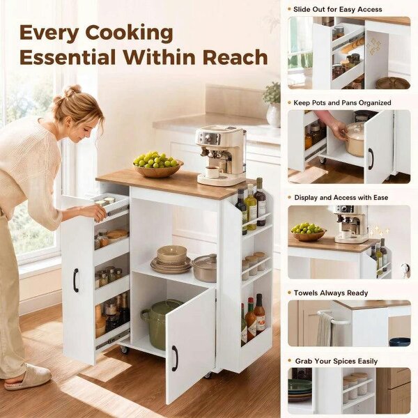 Kitchen Trolley on Wheels, Rolling Kitchen Island Cart with Power Outlet, Cabinet, Pull-Out Drawer, White
