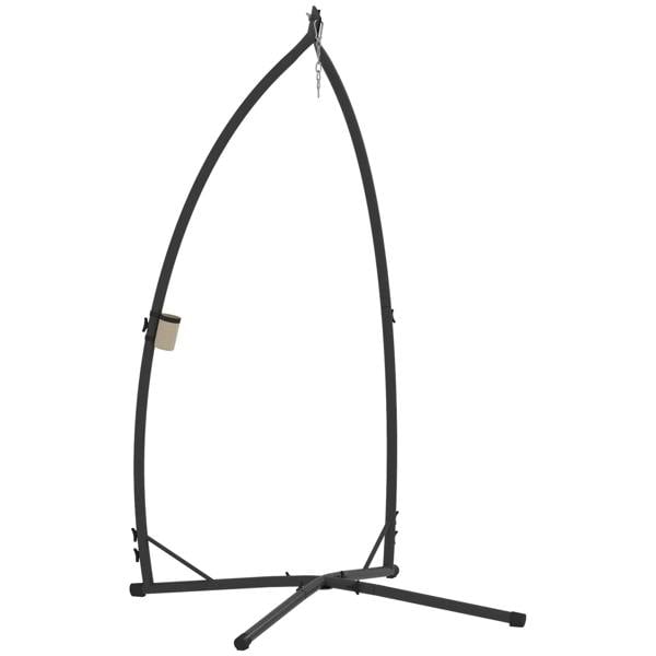 Black steel single hammock egg swing stand with X-shaped base frame, height supports