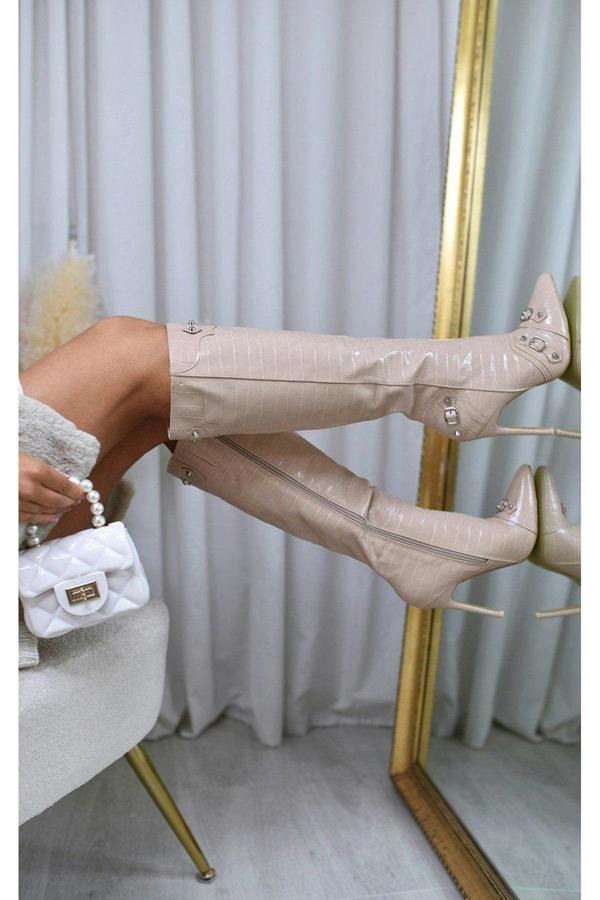 Jessie Knee High Heeled Boots - Nude
