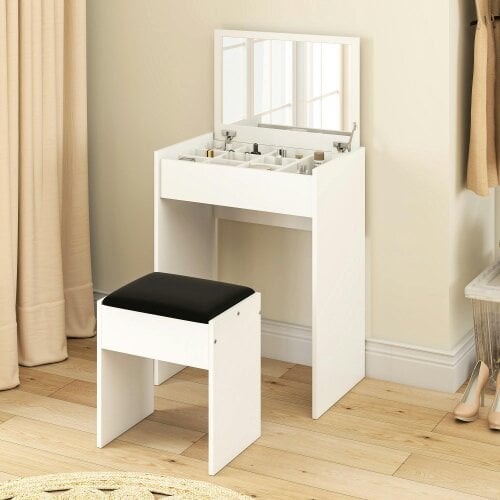 Wyld Haus Nolena White Wood Vanity Table With Flip Up Mirror Padded Stool And Storage