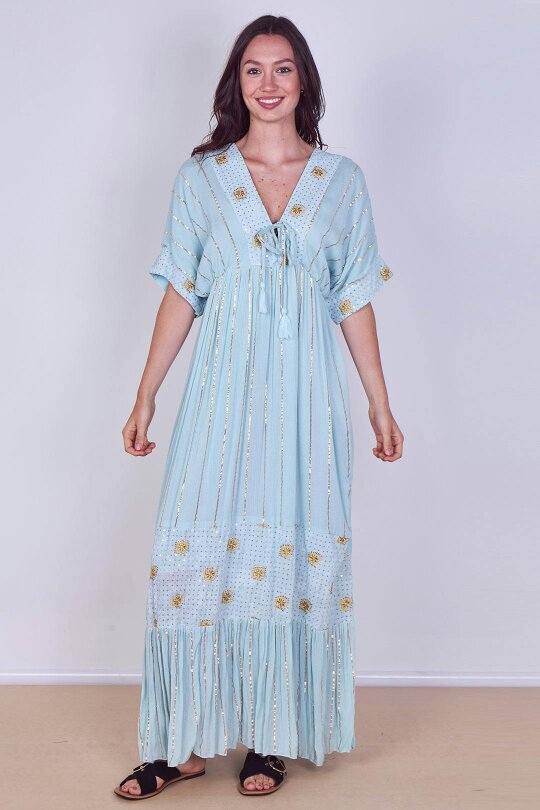 Boho Sequin Square Embroidered Maxi Dress - light blue - Onesize (8-14)