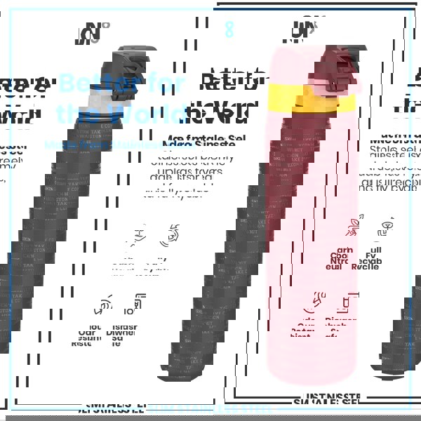 A maroon and gold stainless steel water bottle sits against a white background. The bottle is advertising its durability, recyclability, and other features. "Better for the World" is a prominent headline. The bottle's surface is embossed with repeating "WASHINGTON TAKE COMMAND" text.