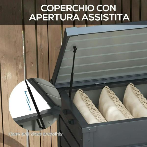 Dark grey storage box with open lid, cushions inside, smooth-close hinge.