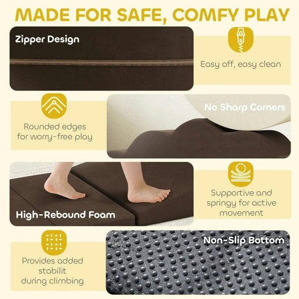 7 Piece Kids Soft Play Set with Detachable Cover, Baby Indoor Climb and Crawl Foam Toys for Toddlers, Brown
