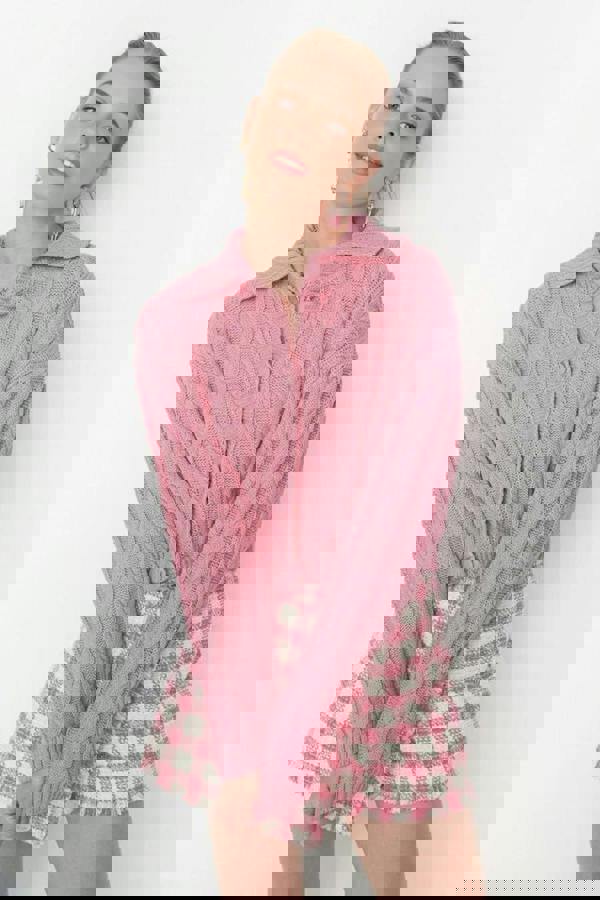 WOVCOR Crop Polo Neck Knit Cardigan with Covered Button Detail