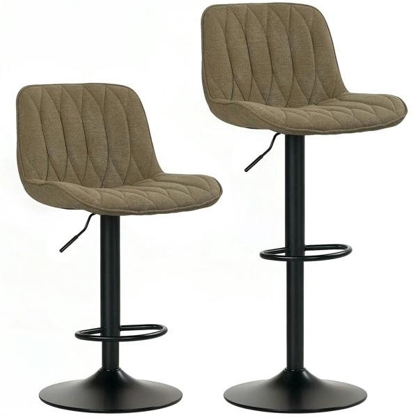 Two brown linen-look bar stools, quilted curved seat backs, black round bases with footrest