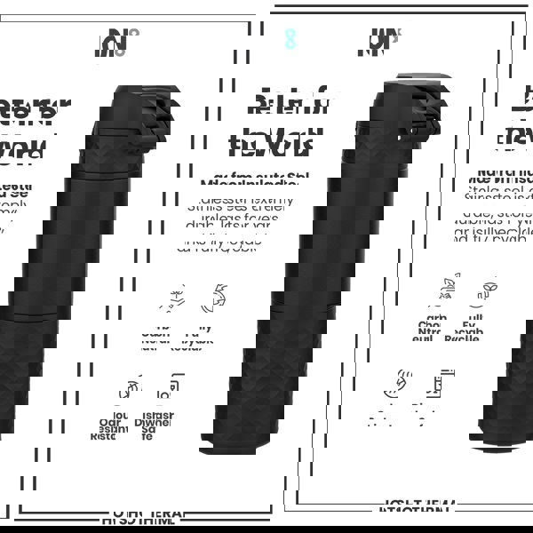 A black insulated steel thermos stands against a white background; it's made from durable, recyclable material, and is dishwasher safe. The text also states it is carbon neutral and odour resistant.