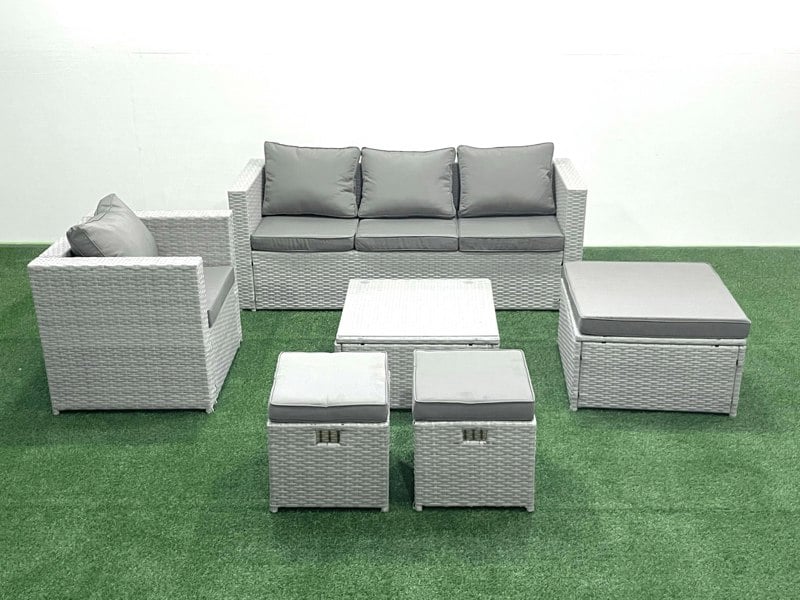 Fimous 6 Seater Rattan Garden Furniture Set with 3 Seater Sofa Chair Square Coffee Table 3 Footstools Light Grey Mixed