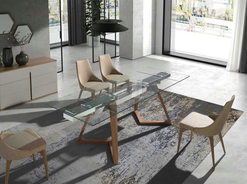 Angel Cerdá Rectangular tempered glass and walnut extending dining table 1115