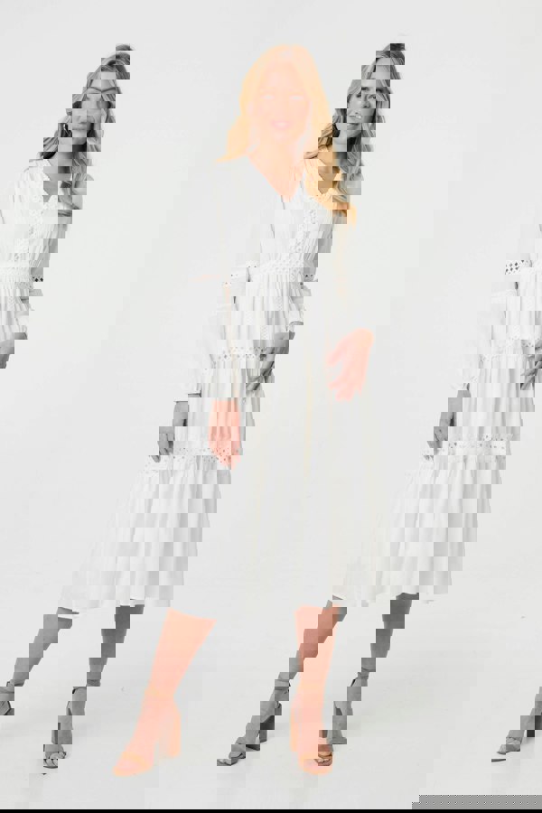 White | Lace Trim Long Sleeve Tiered Midi Dress
