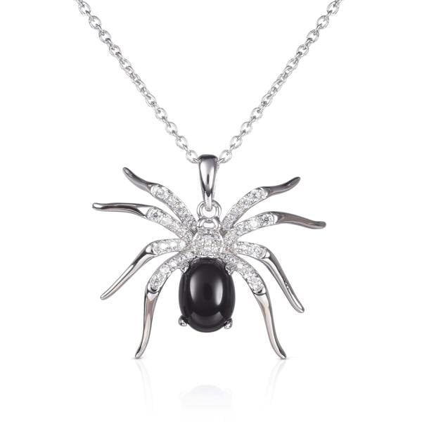 namana 925 Sterling Silver Spider Pendant Necklace for Women with a Black Agate and Cubic Zirconia Stones