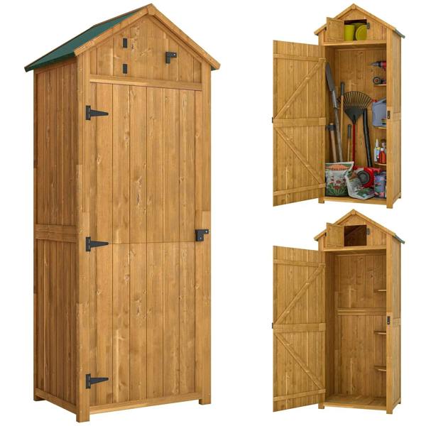 Wooden garden storage shed with double doors and built-in wall shelves, brown