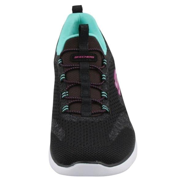 Skechers Summits New Nature Womens Casual Sports Walking Trainers, front view of a black athletic shoe with teal accents, pink logo, and white sole designed for comfort and active wear.