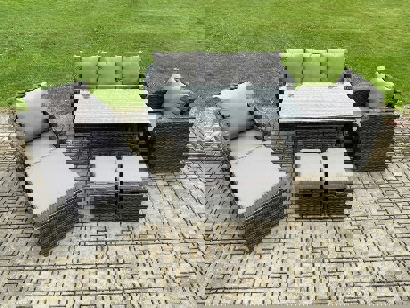 Fimous 8 Seater Rattan Outdoor Garden Furniture Set Rectangular Dining Table and Chair Sofa Set With 3 Footstools Dark Grey Mixed