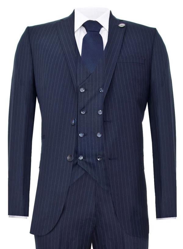 TruClothing Men's 3 Piece Navy Blue Pinstripe Retro Suit