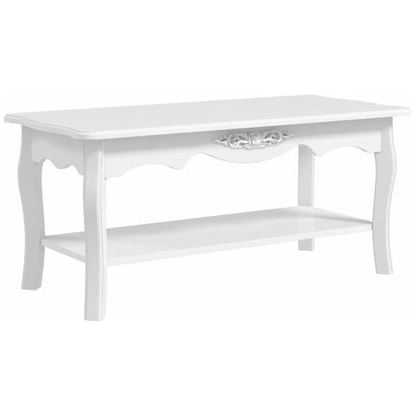 White coffee table with lower shelf, scalloped apron, and open storage space