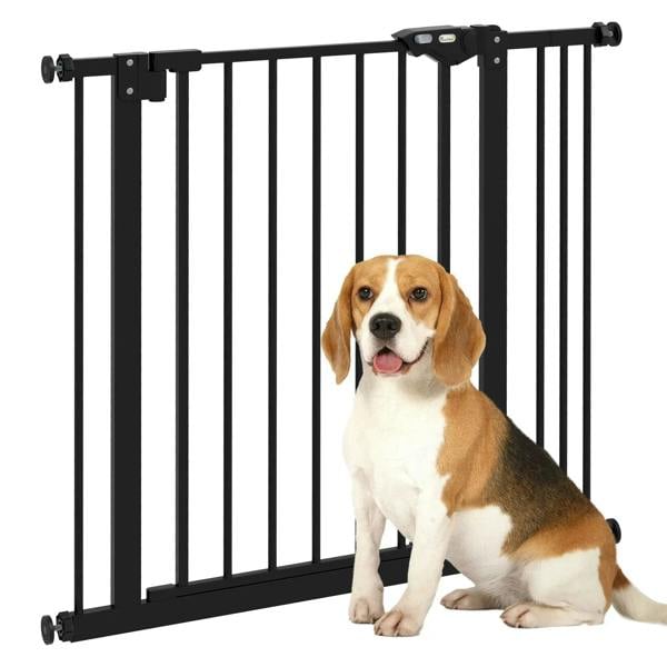 Black adjustable safety gate with vertical bars and pressure-mount brackets