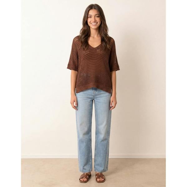 Blue Vanilla Metallic Crochet V Neck Top