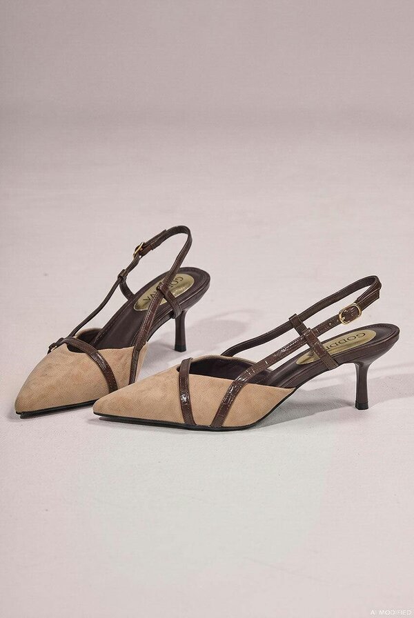 Goddiva Pointed Slingback Heels With Croc-Style Straps - Beige by Goddiva