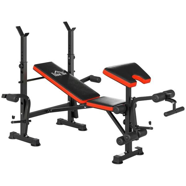 Adjustable weight bench with leg extension and barbell rack, black frame with red accents