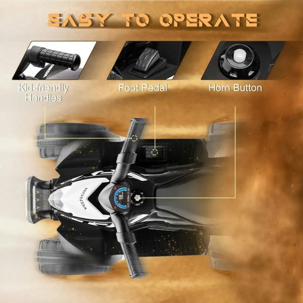 Black kids electric quad bike front with foot pedal, handle grips, and horn button