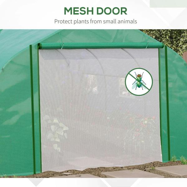 Green greenhouse front mesh door with PE cover and arched frame
