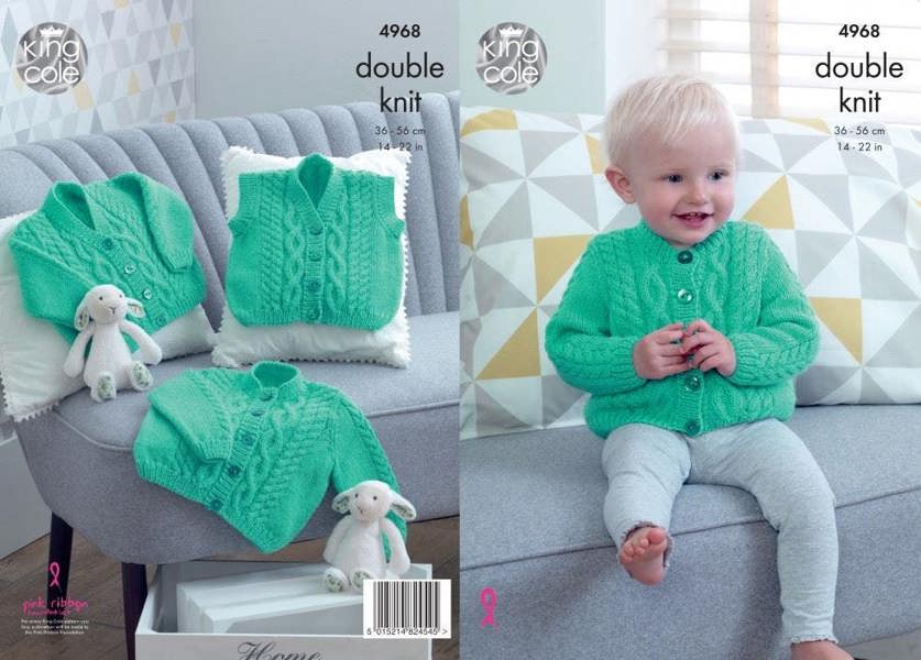 King Cole Comfort Knitting Pattern 4968, Waistcoats, Cardigans for Baby, 14 - 22 Inches - Advanced