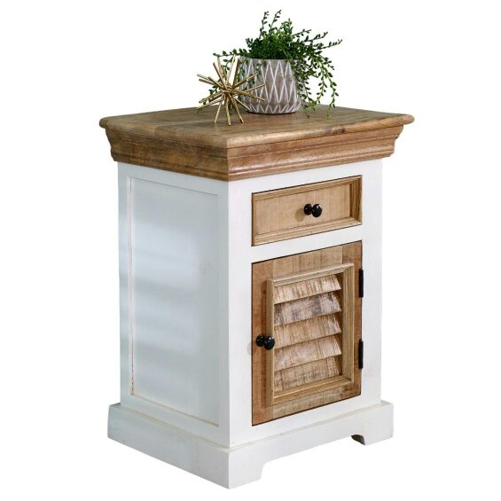 Wyld Haus Alington White and Natural Mango Wood Bedside Cabinet With Drawer and Door